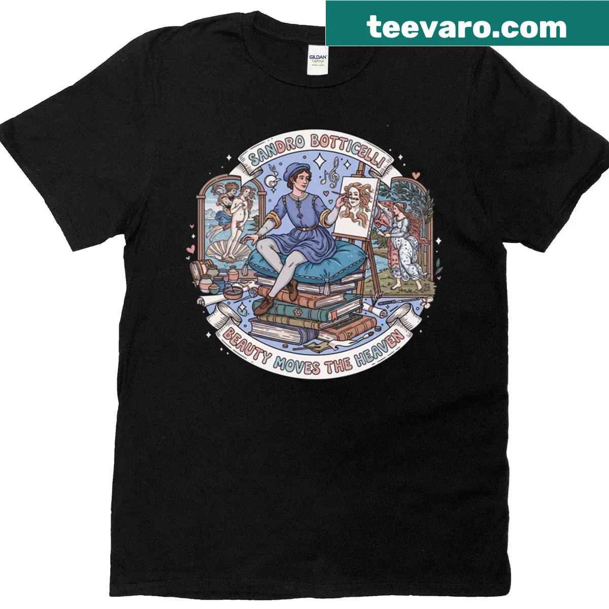 Retro art history t-shirt featuring Sandro Botticelli's works — on a men's t-shirt