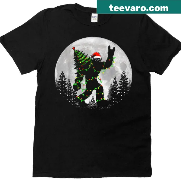 Funny Sasquatch Christmas t-shirt with Santa and tree illustration