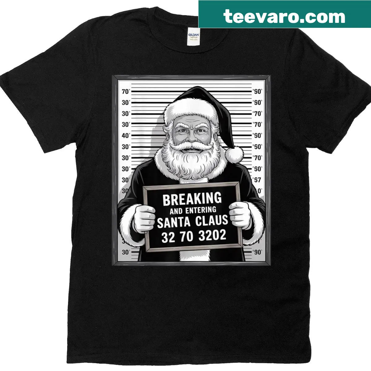 Funny T-shirt with Santa Claus mugshot design — on a men's t-shirt