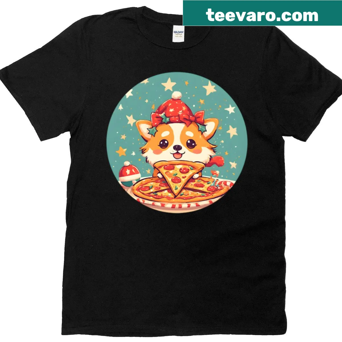 Cartoon Santa corgi enjoying pizza in a festive scene — on a men's t-shirt