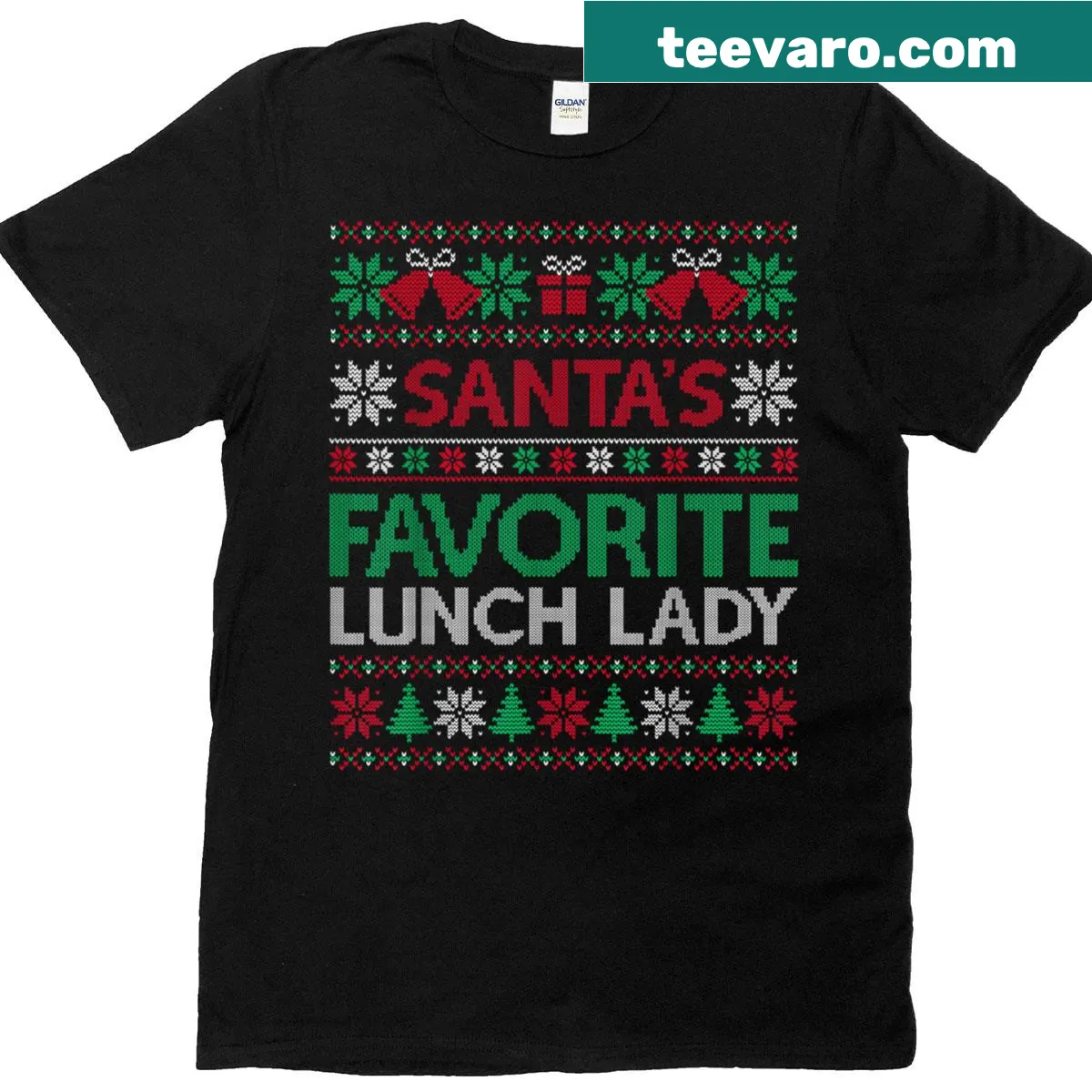 Christmas t-shirt featuring 'Santa’s Favorite Lunch Lady' text — on a men's t-shirt