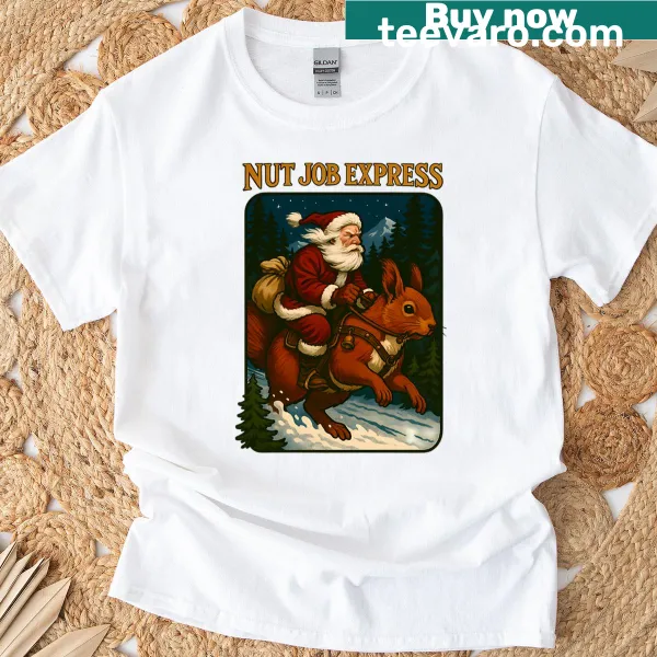 Whimsical T-shirt with Santa riding a squirrel