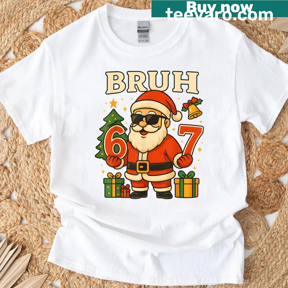 Funny Christmas shirt with the phrase 'Santa Says 67 Bruh' — on a men's t-shirt