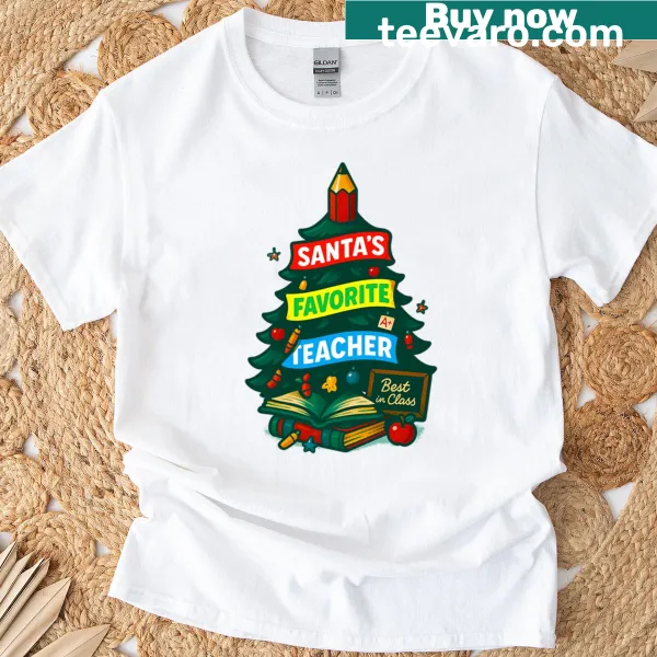 Teacher t-shirt featuring Santa's Favorite Teacher text and crayon graphics