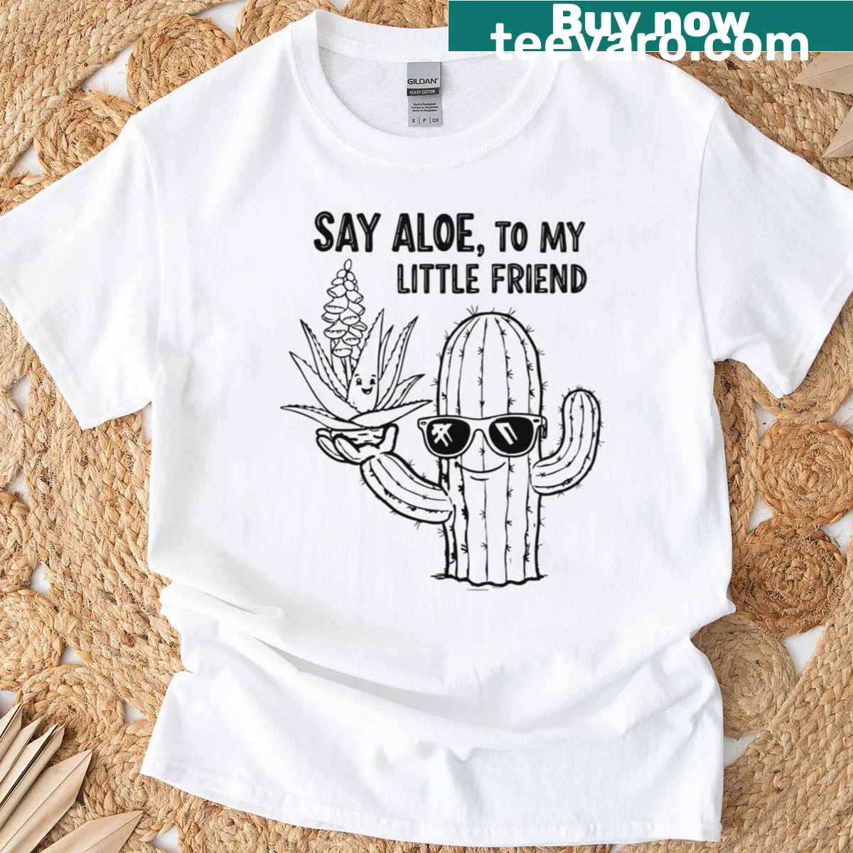 Funny plant pun shirt with the phrase 'Say Aloe To My Little Friend' and plant graphic — on a men's t-shirt
