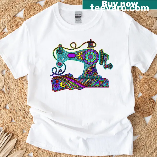 Sewing-themed shirt with sewing machine and quilting motifs
