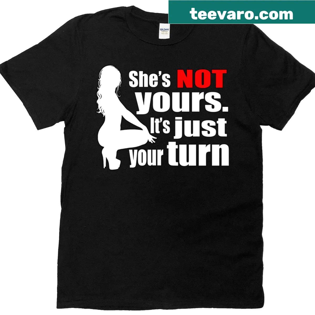 Edgy t-shirt with the saying 'She's Not Yours, It's Just Your Turn' in Matrix-style typography — on a men's t-shirt