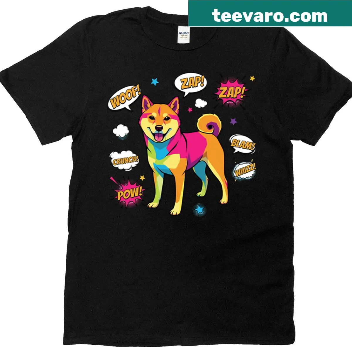 Pop art Shiba Inu graphic on a playful t-shirt — on a men's t-shirt