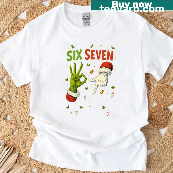 Funny T-shirt featuring cartoon hands making the numbers 6 and 7 for Christmas