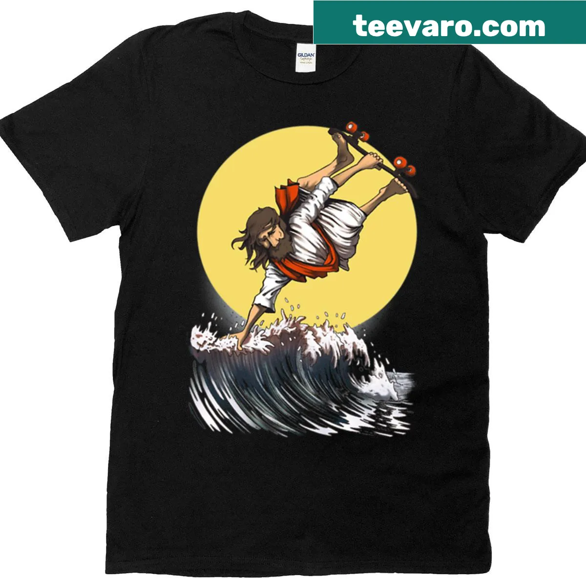 Skateboarder graphic with Jesus theme on a t-shirt — on a men's t-shirt