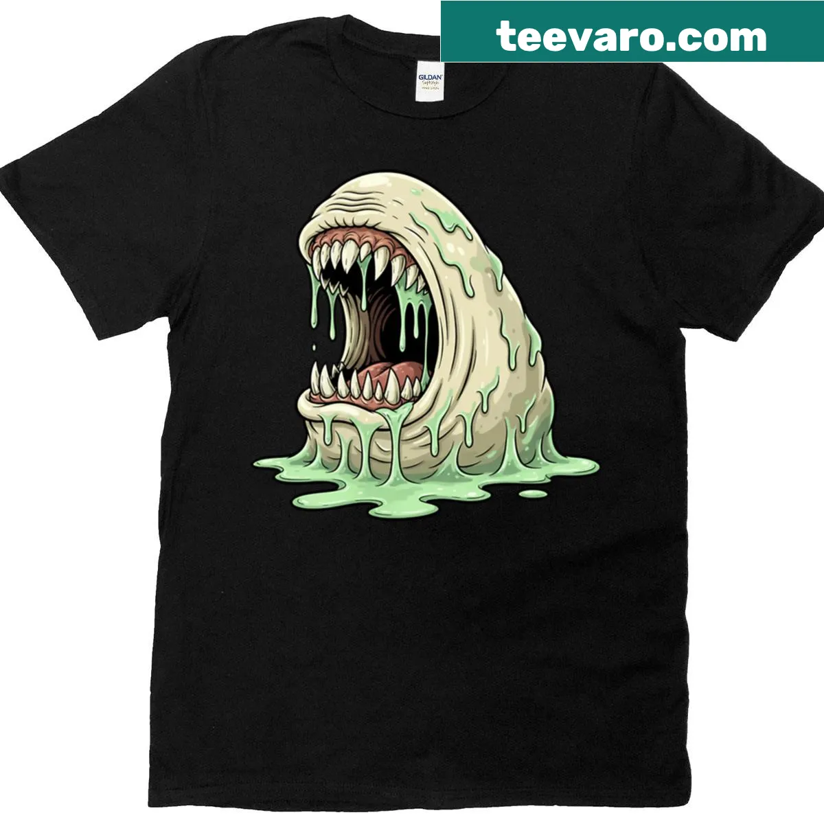 Horror-themed t-shirt with a dripping green monster graphic — on a men's t-shirt