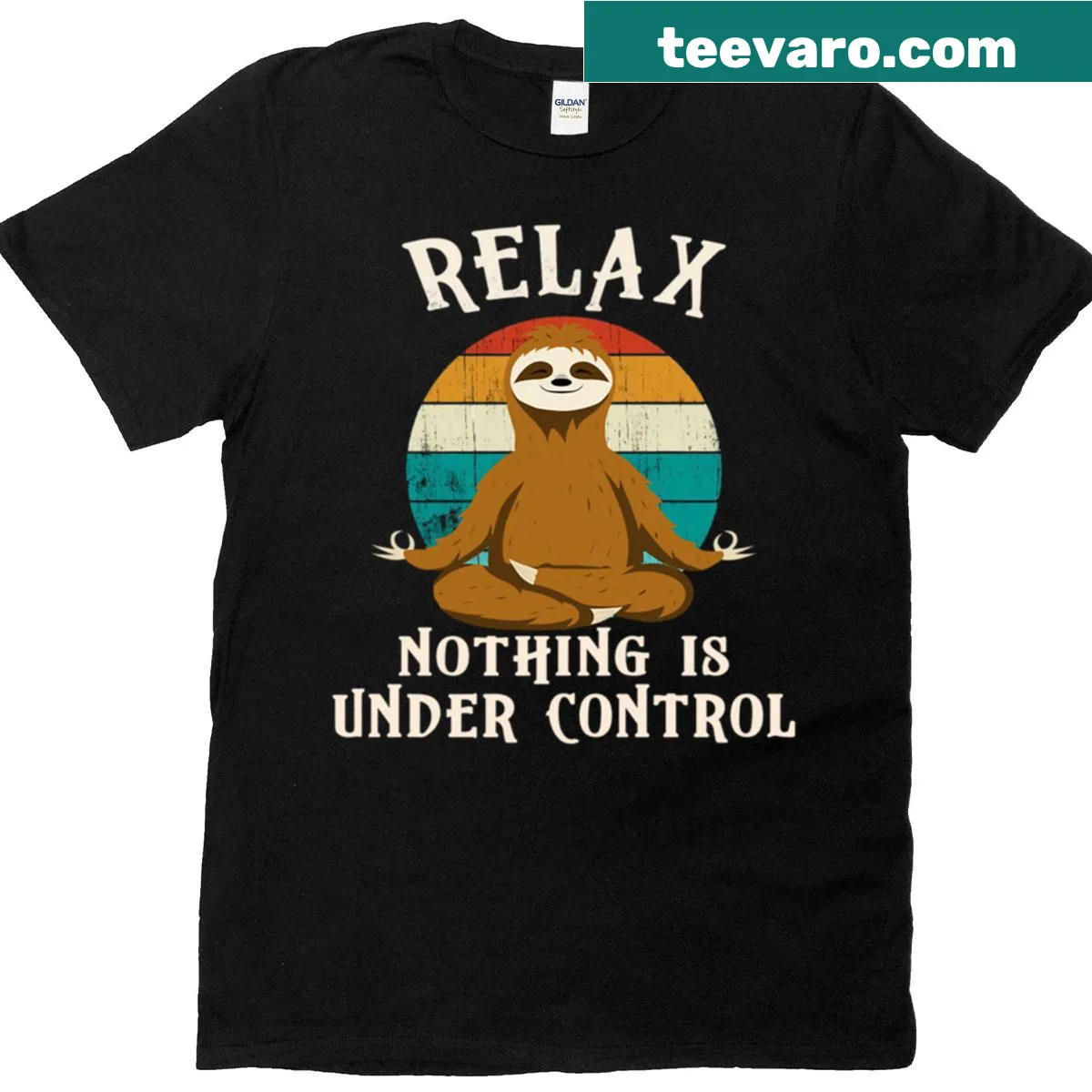 Funny retro t-shirt featuring a sloth in yoga poses — on a men's t-shirt
