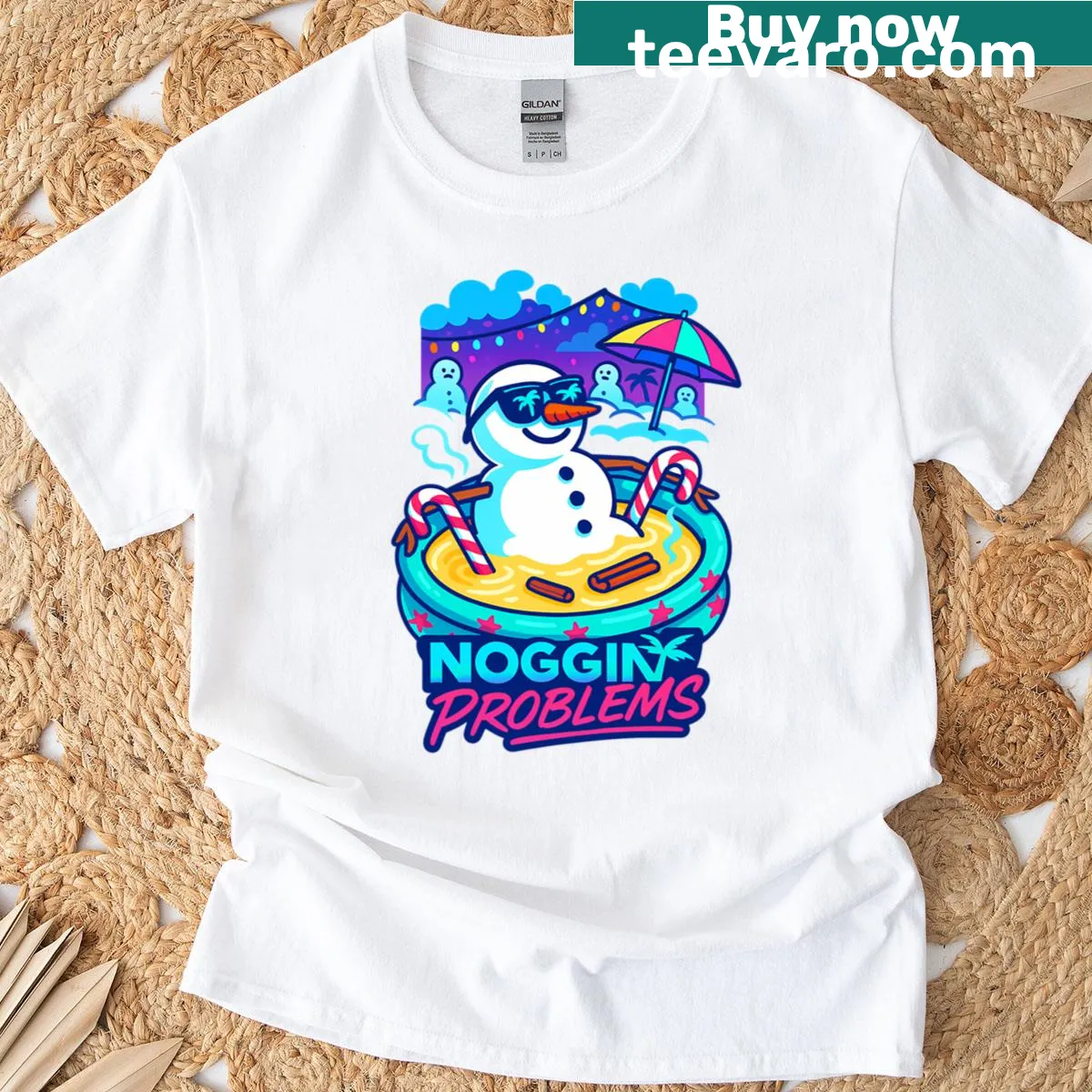 Funny snowman pool party graphic on a t-shirt — on a men's t-shirt