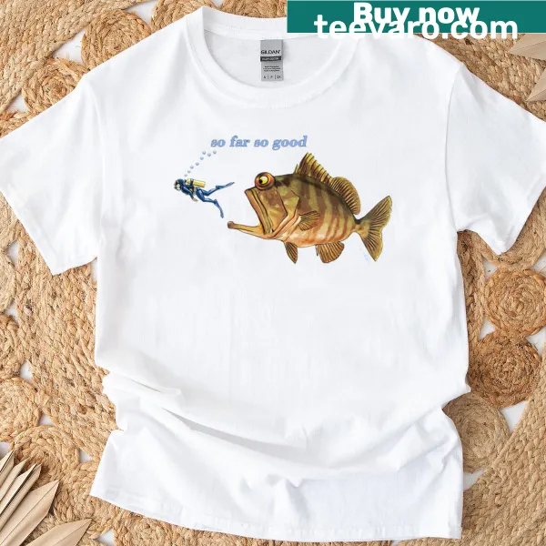 Typographic print of 'So Far So Good' on a casual T-shirt design.