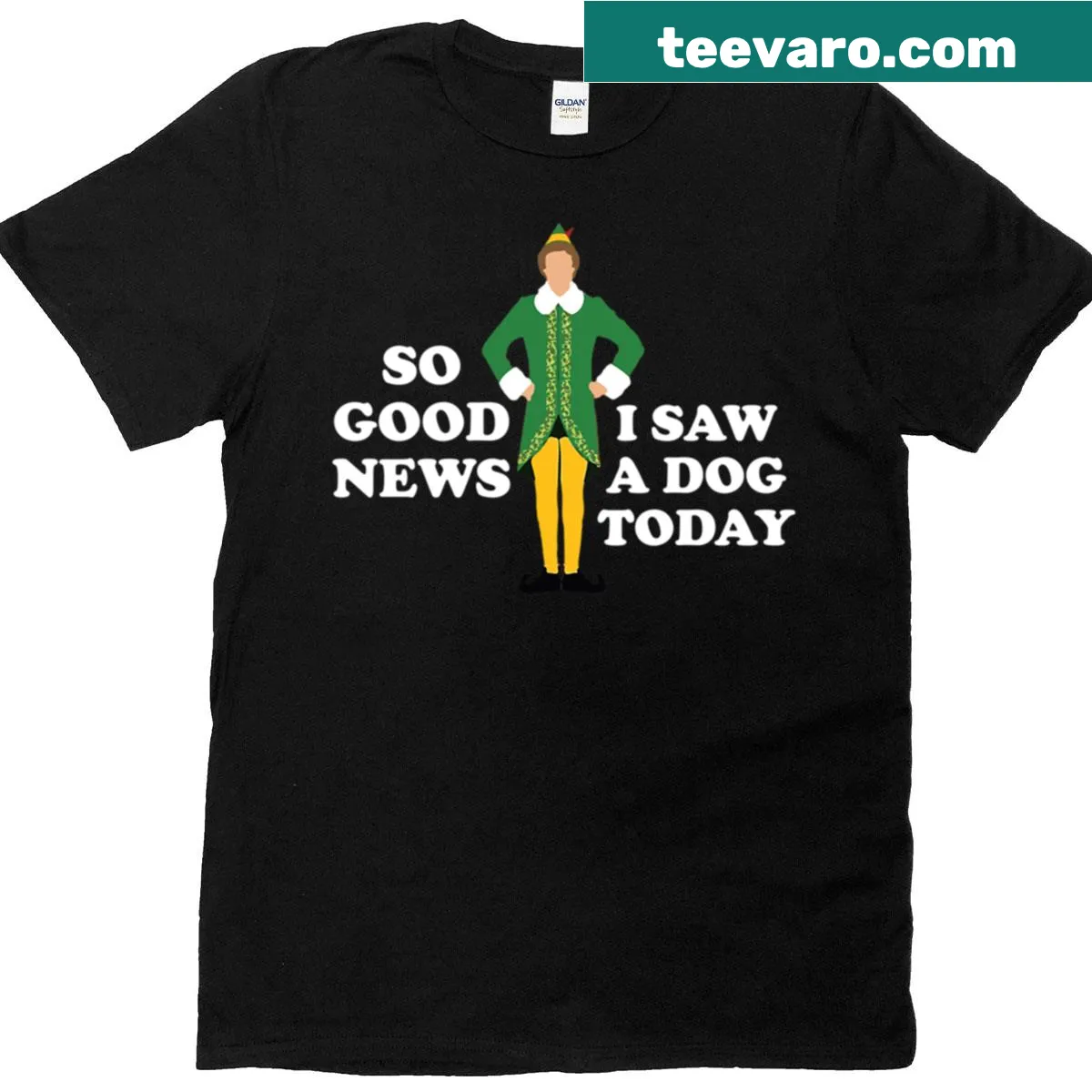 Illustration of an elf joyfully sharing good news about dogs — on a men's t-shirt