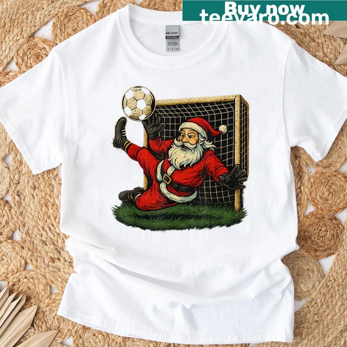 Festive soccer goalie Santa Claus t-shirt for boys — on a men's t-shirt
