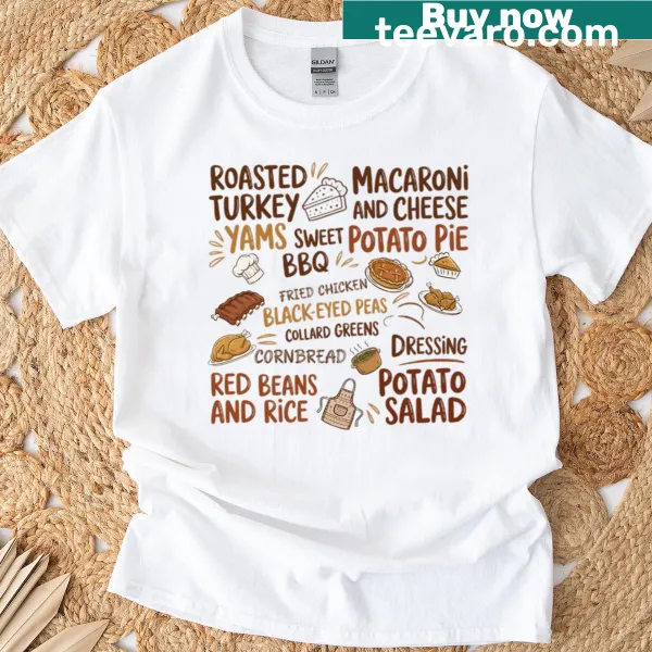 Soul food doodle t-shirt featuring festive dishes.