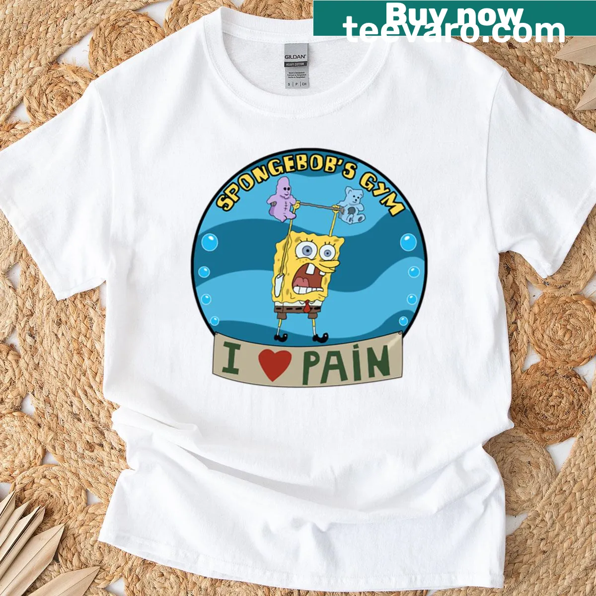 Spongebob-themed gym T-shirt with playful graphic — on a men's t-shirt
