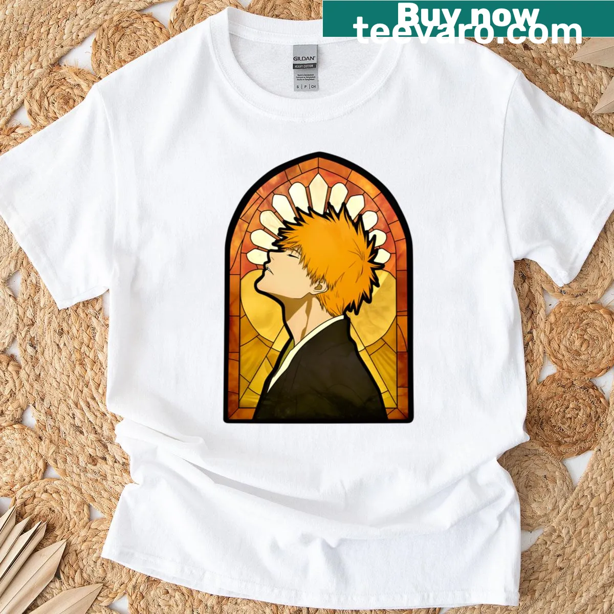 Intricate T-shirt graphic of Ichigo resembling stained glass — on a men's t-shirt