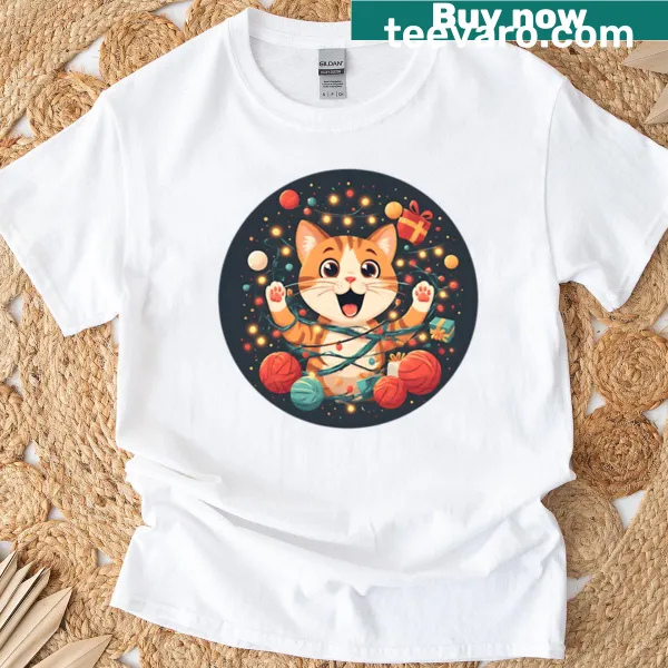 Illustrated cat in a starry hug on a t-shirt
