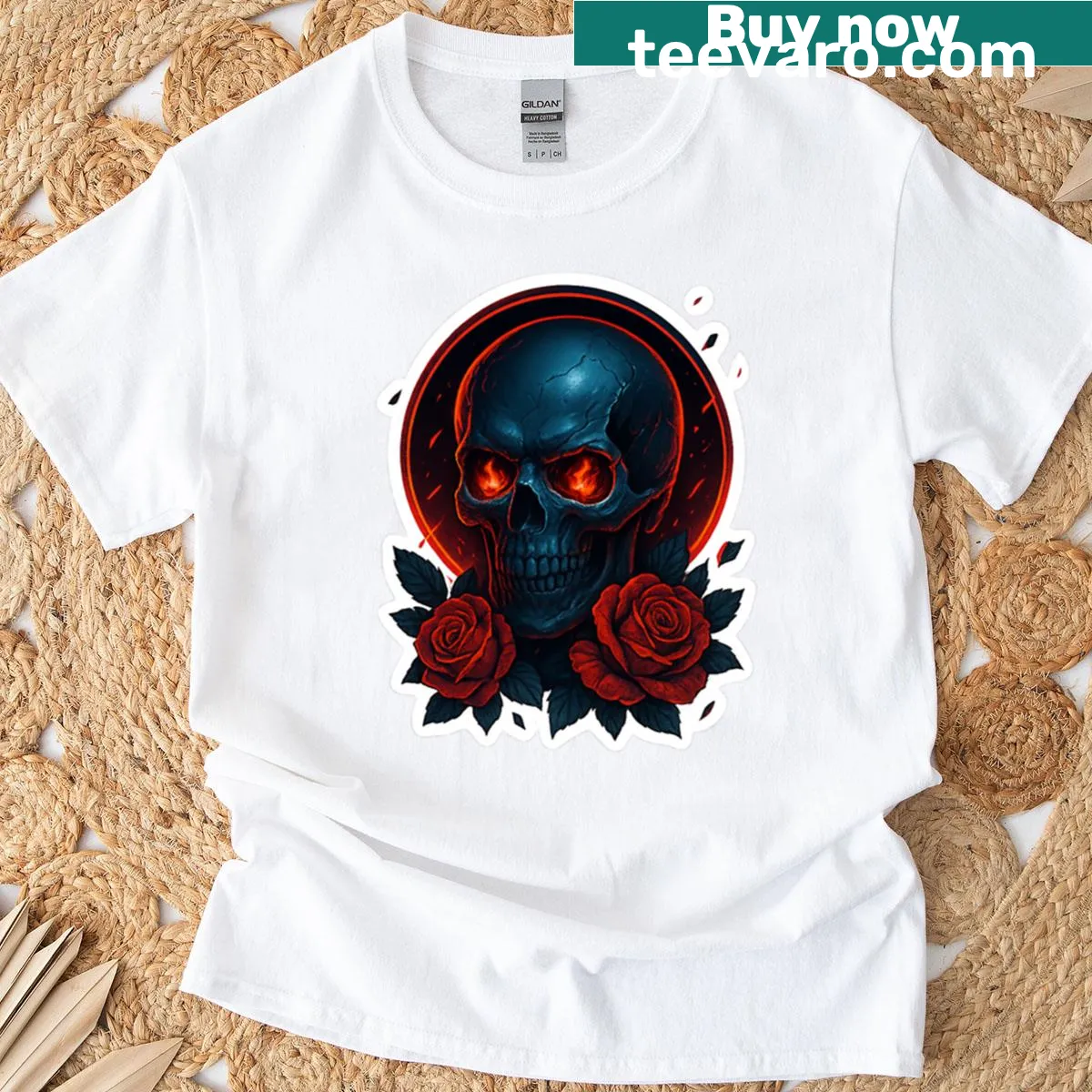Striking blue skull T-shirt with red roses illustration — on a men's t-shirt