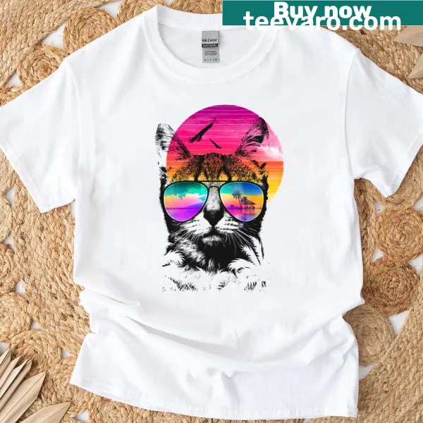 Illustrated T-shirt featuring a playful summer cat design.