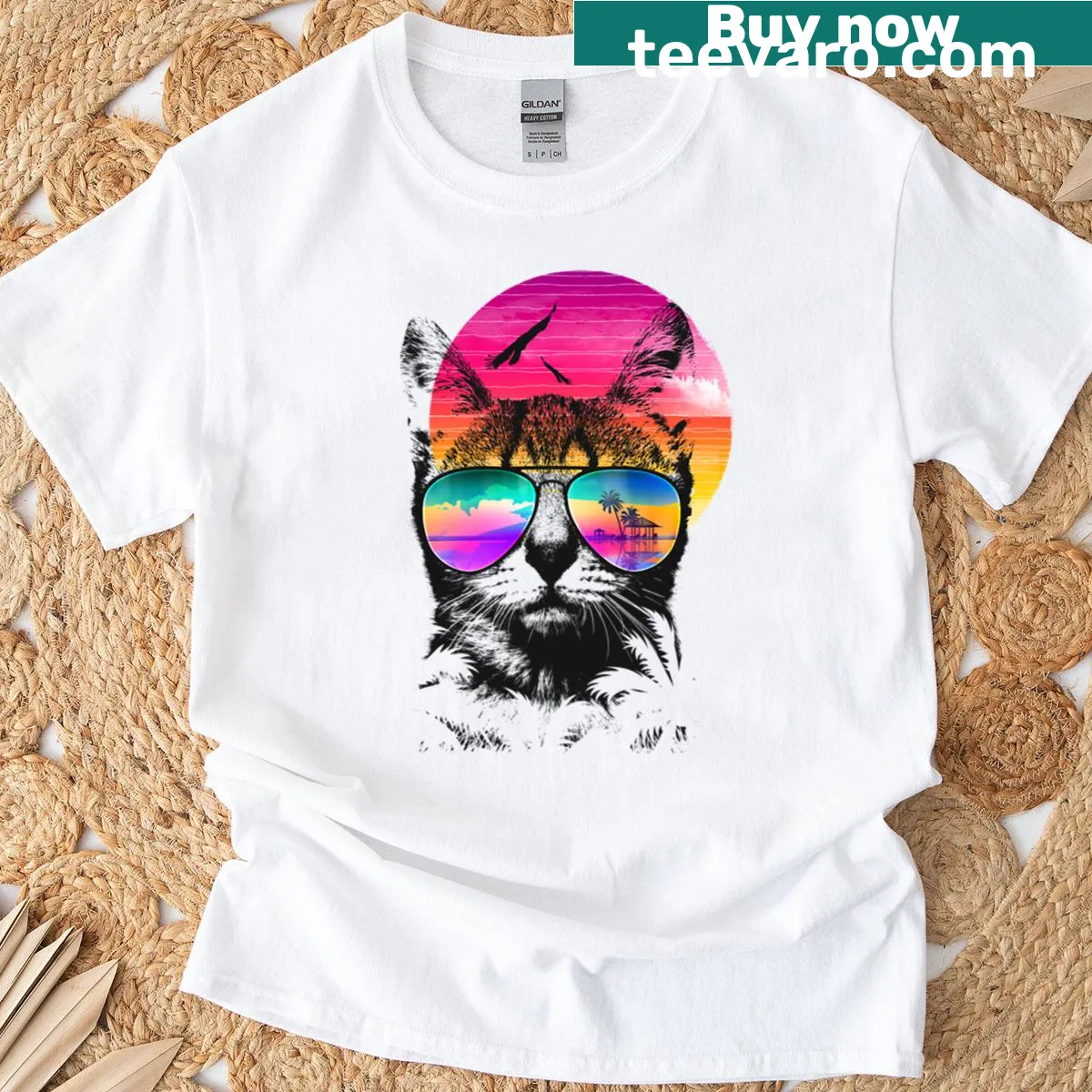 Illustrated T-shirt featuring a playful summer cat design. — on a men's t-shirt