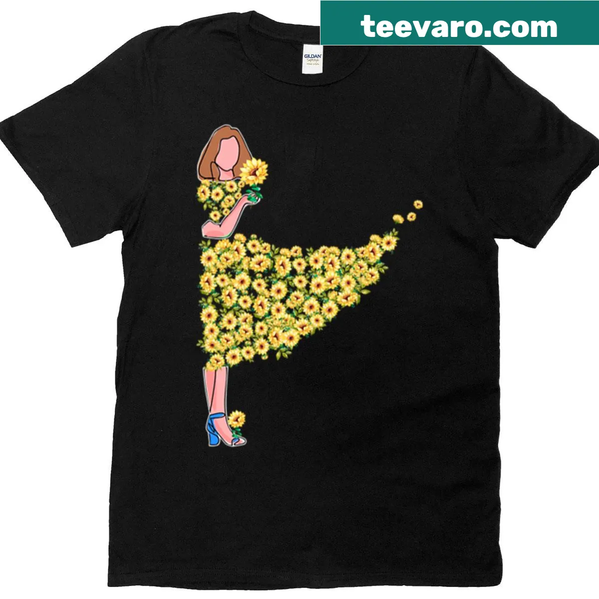 Illustrative sunflower graphic T-shirt featuring a girl surrounded by flowers — on a men's t-shirt