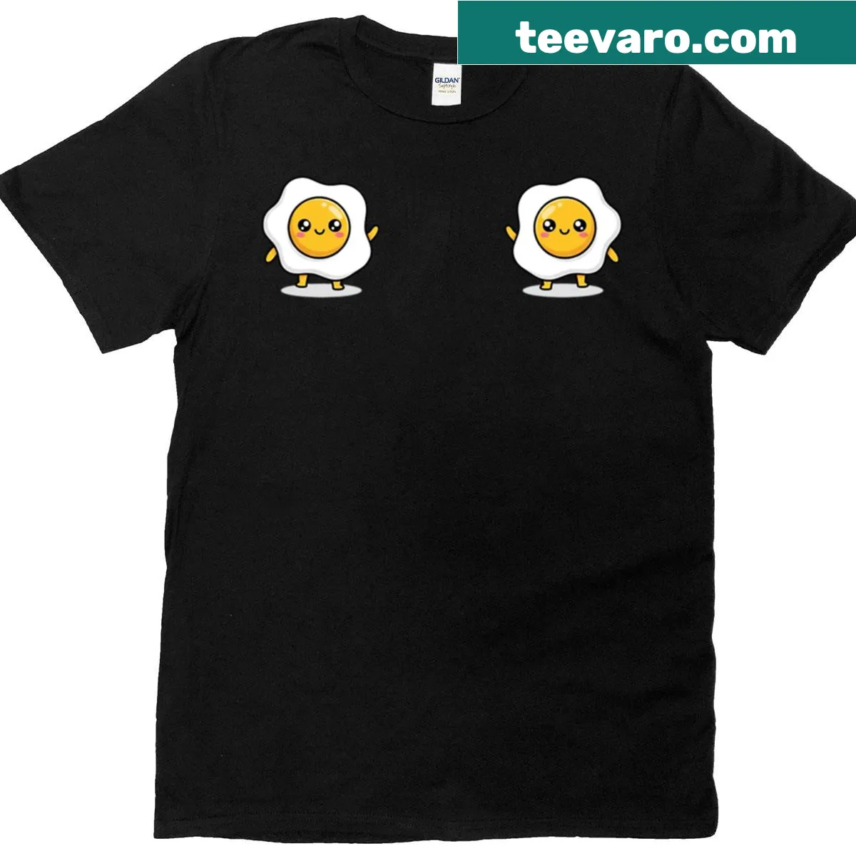 Cute cartoon eggs in sunny-side-up style on T-shirt — on a men's t-shirt