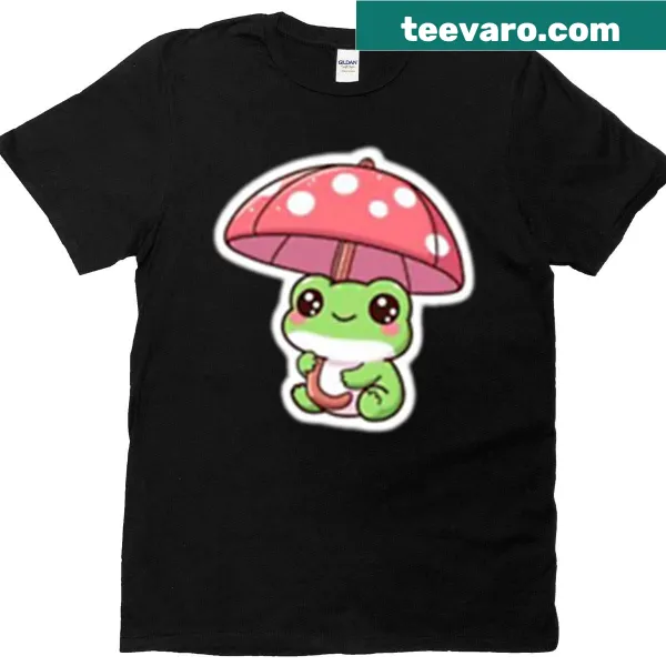 Adorable T-shirt featuring a frog under a mushroom umbrella