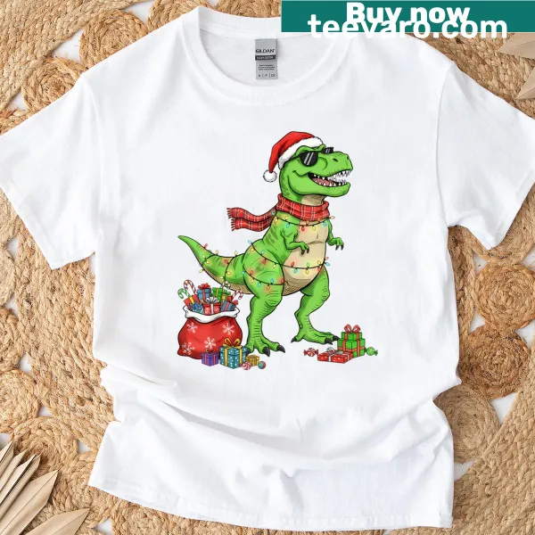T-Rex in a Santa hat on a Christmas T-shirt for kids