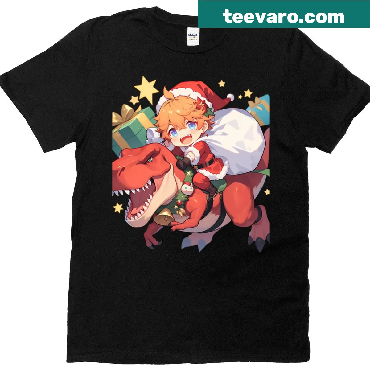 Anime T-shirt featuring Tartaglia Childe riding a dinosaur — on a men's t-shirt