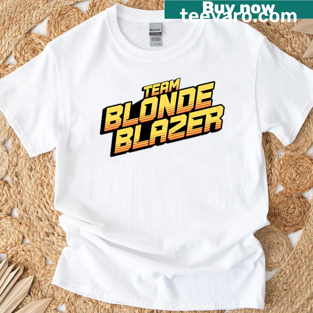 Team Blonde Blazer gaming t-shirt with bold graphics. — on a men's t-shirt