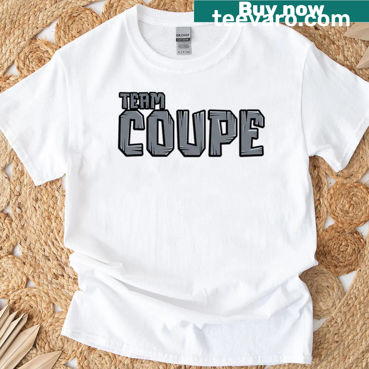 Bold typography representing Team Coupe for a sports tee — on a men's t-shirt