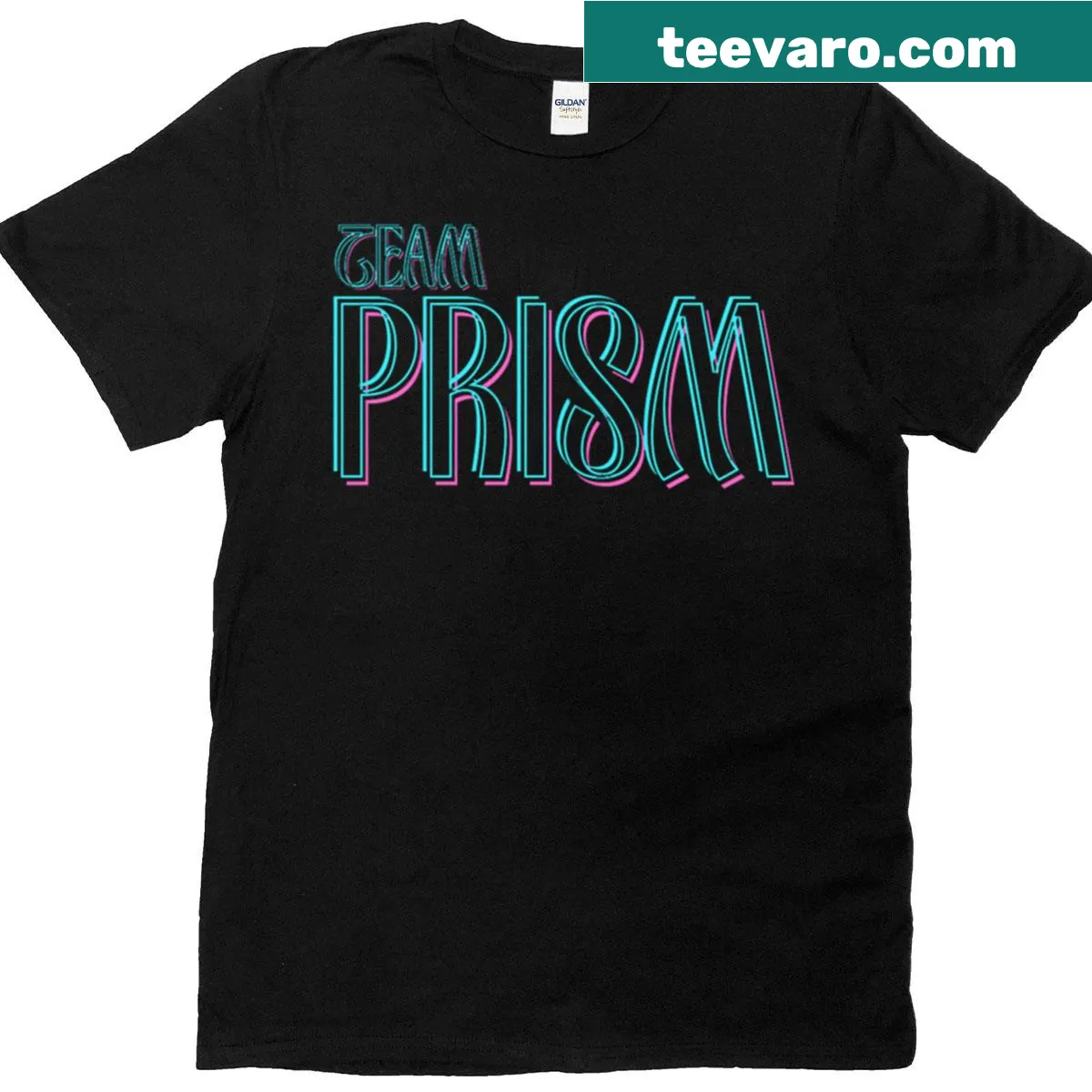 Team Prism game T-shirt with badge style design — on a men's t-shirt