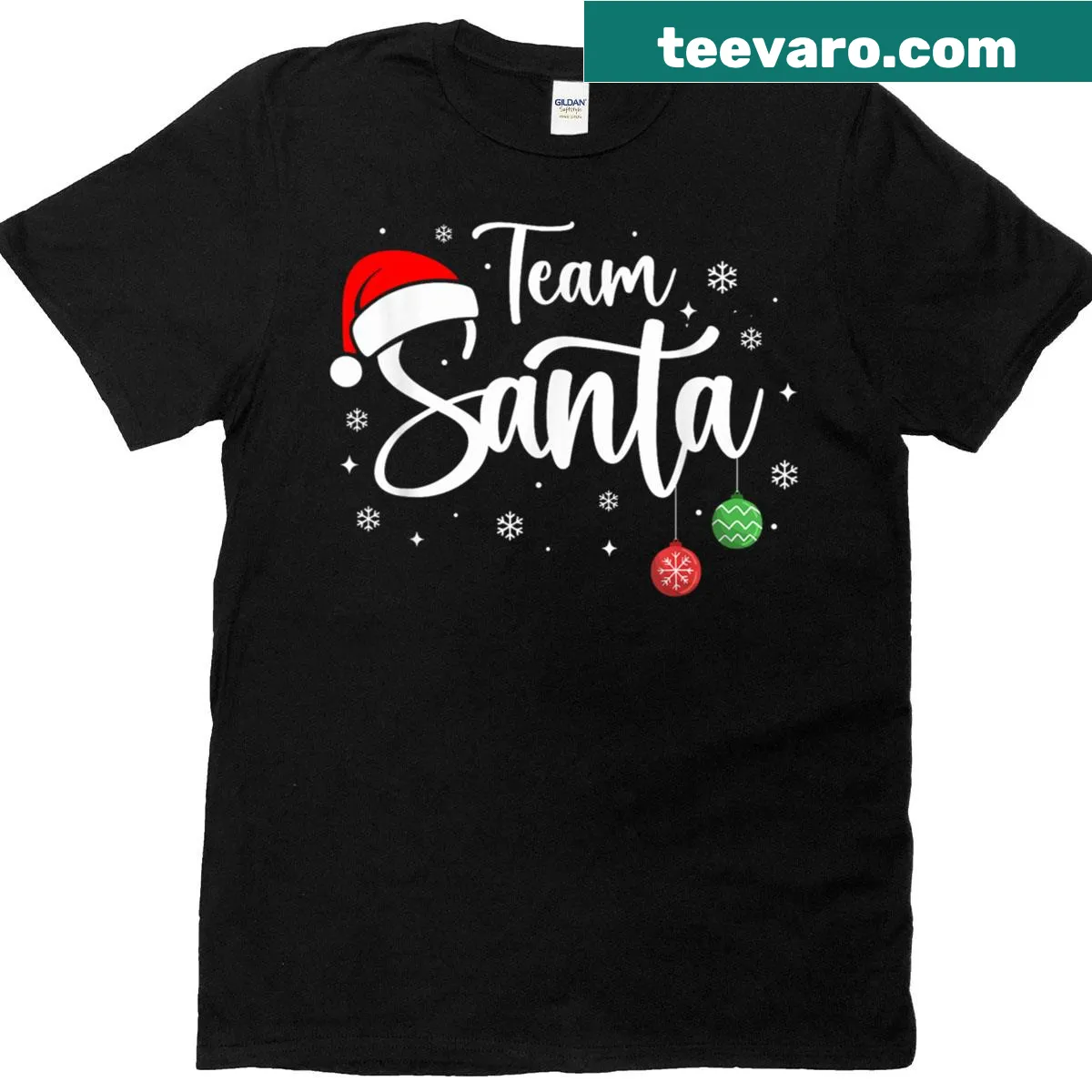 Badge-emblem graphic of Team Santa with festive text — on a men's t-shirt