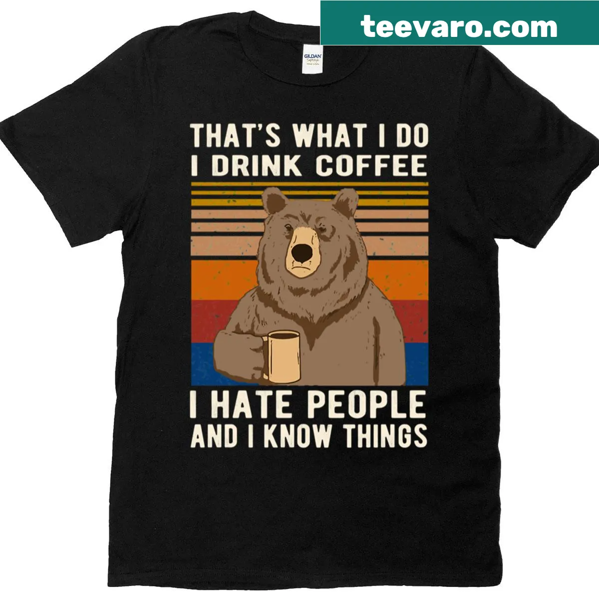 Sarcastic bear drinking coffee with humorous text T-shirt — on a men's t-shirt
