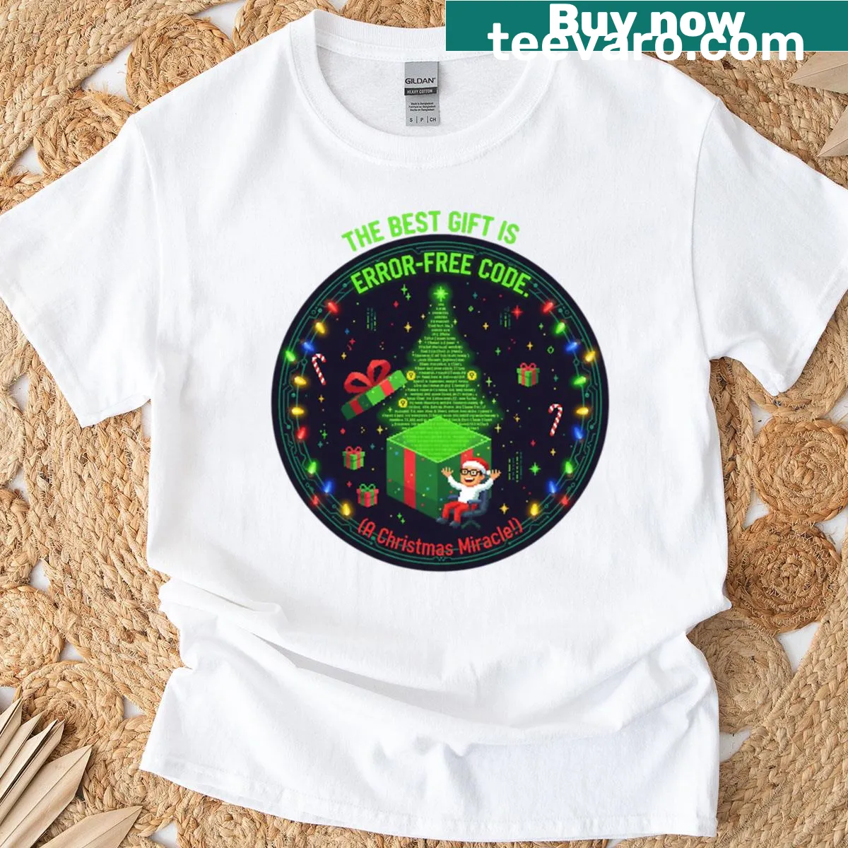 Humorous programmer's Christmas T-shirt with coding slogan — on a men's t-shirt