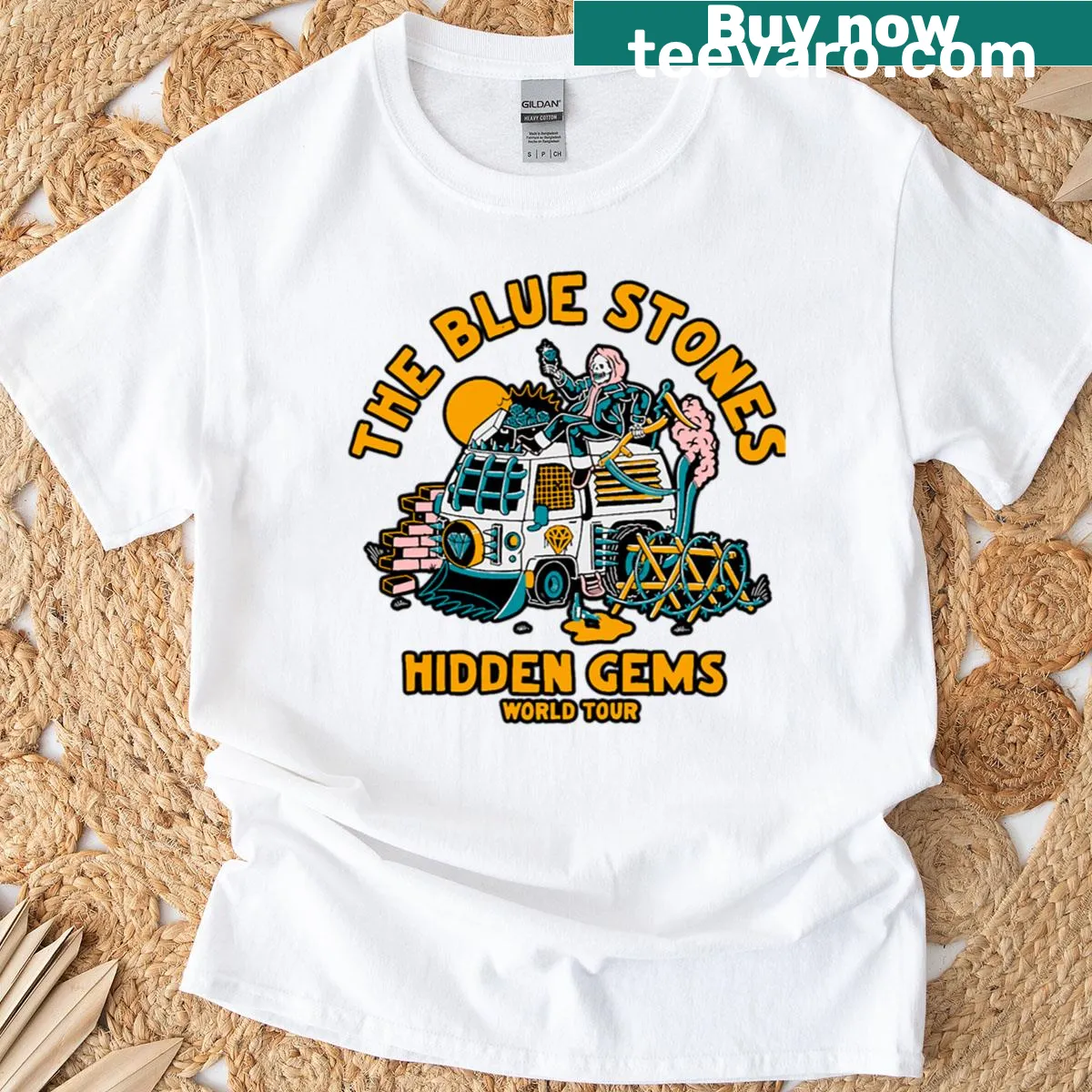 T-shirt featuring The Blue Stones World Tour emblem design. — on a men's t-shirt