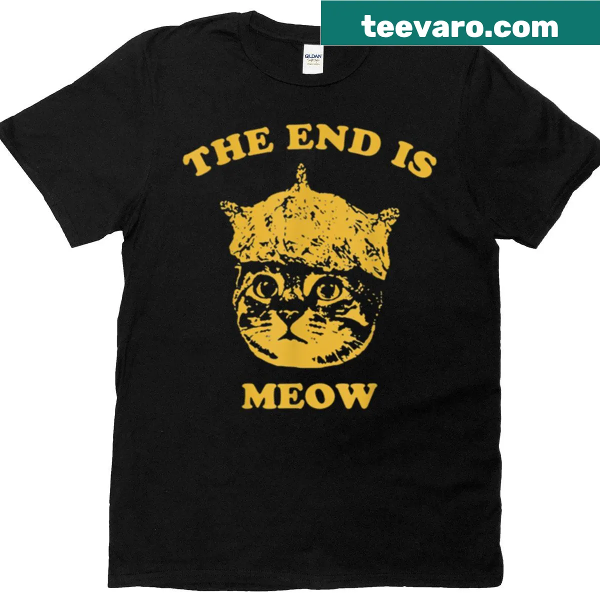 Vintage distressed T-shirt with 'The End Is Meow' text for cat lovers — on a men's t-shirt