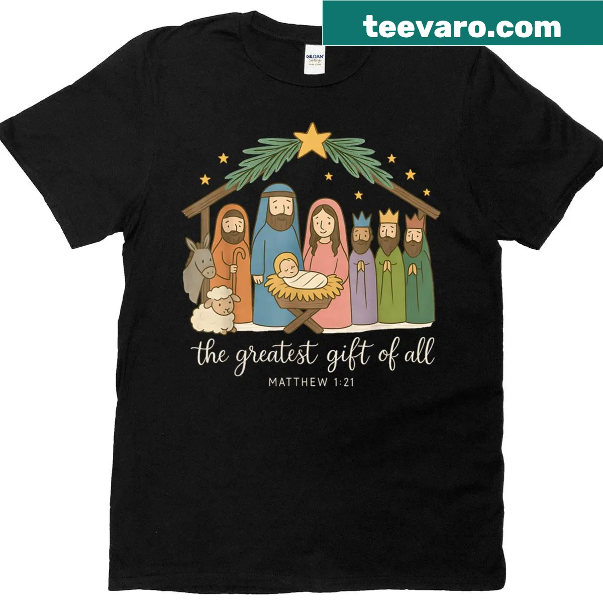 Touching nativity scene illustration on Christmas T-shirt — on a men's t-shirt