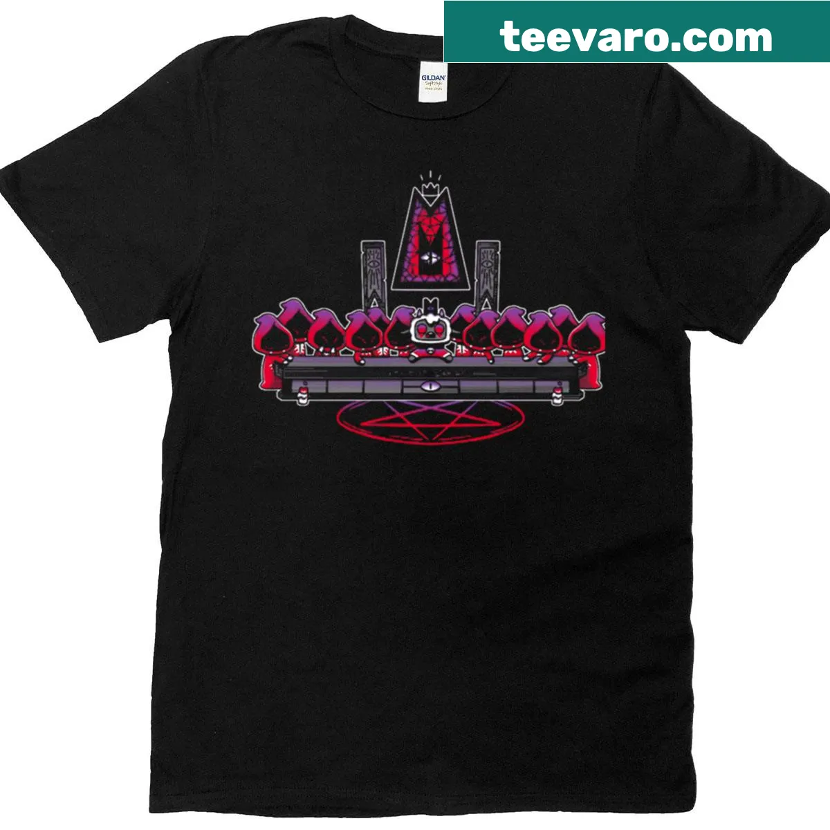 T-shirt featuring a bold graphic inspired by cult themes — on a men's t-shirt