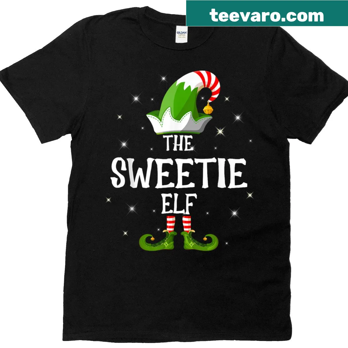 Cute T-shirt featuring a cheerful elf design for family matching at Christmas — on a men's t-shirt