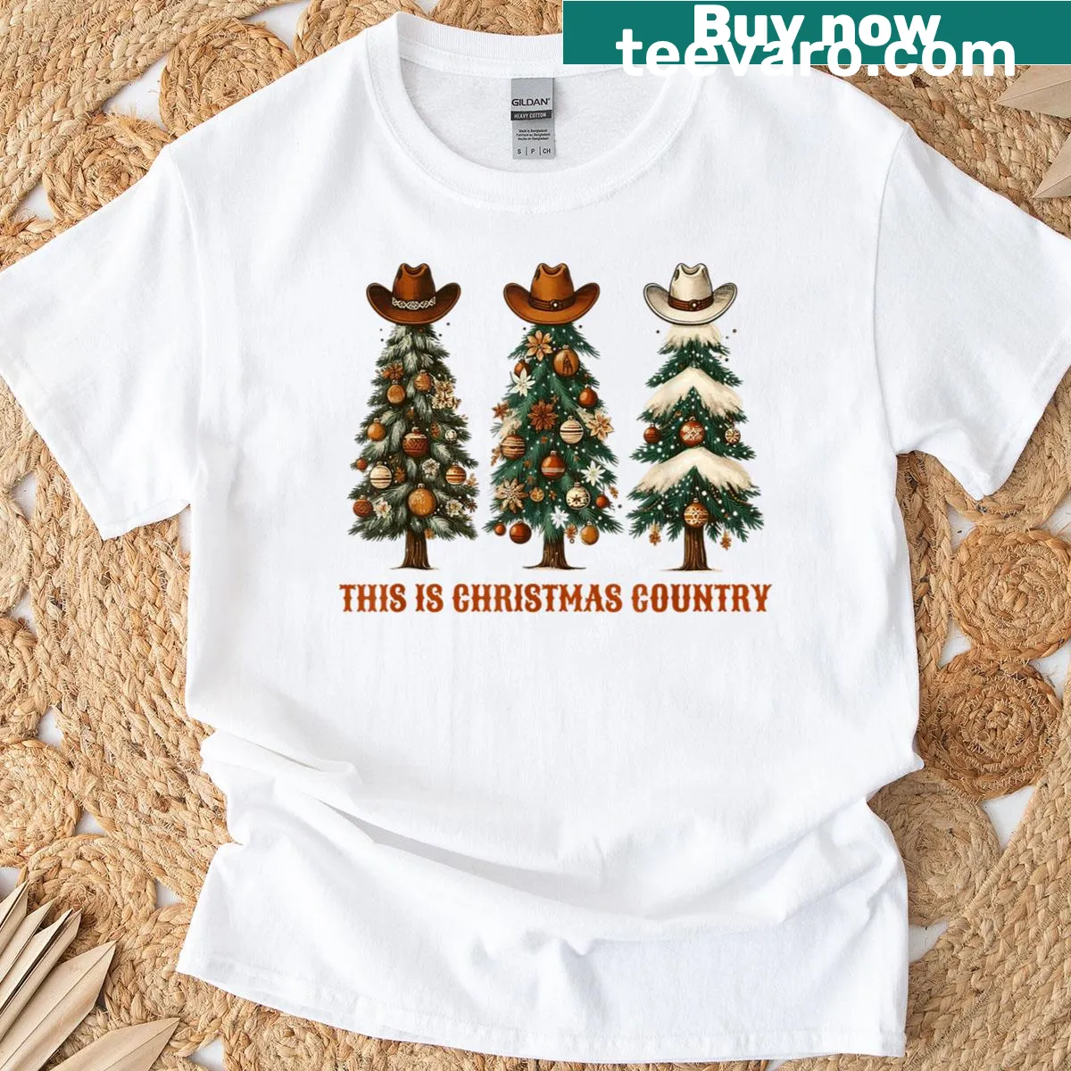 Western-themed Christmas T-shirt featuring cowboy hats and trees — on a men's t-shirt