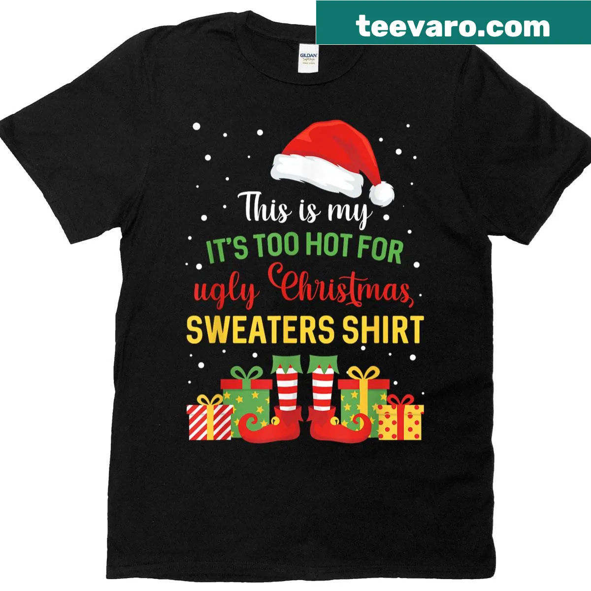 Funny T-shirt for Christmas saying 'It's Too Hot for Ugly Xmas' — on a men's t-shirt