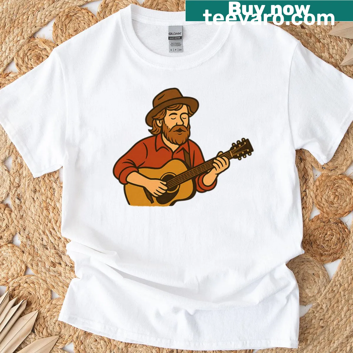 Illustration of Todd Snider playing guitar on an oversized T-shirt — on a men's t-shirt
