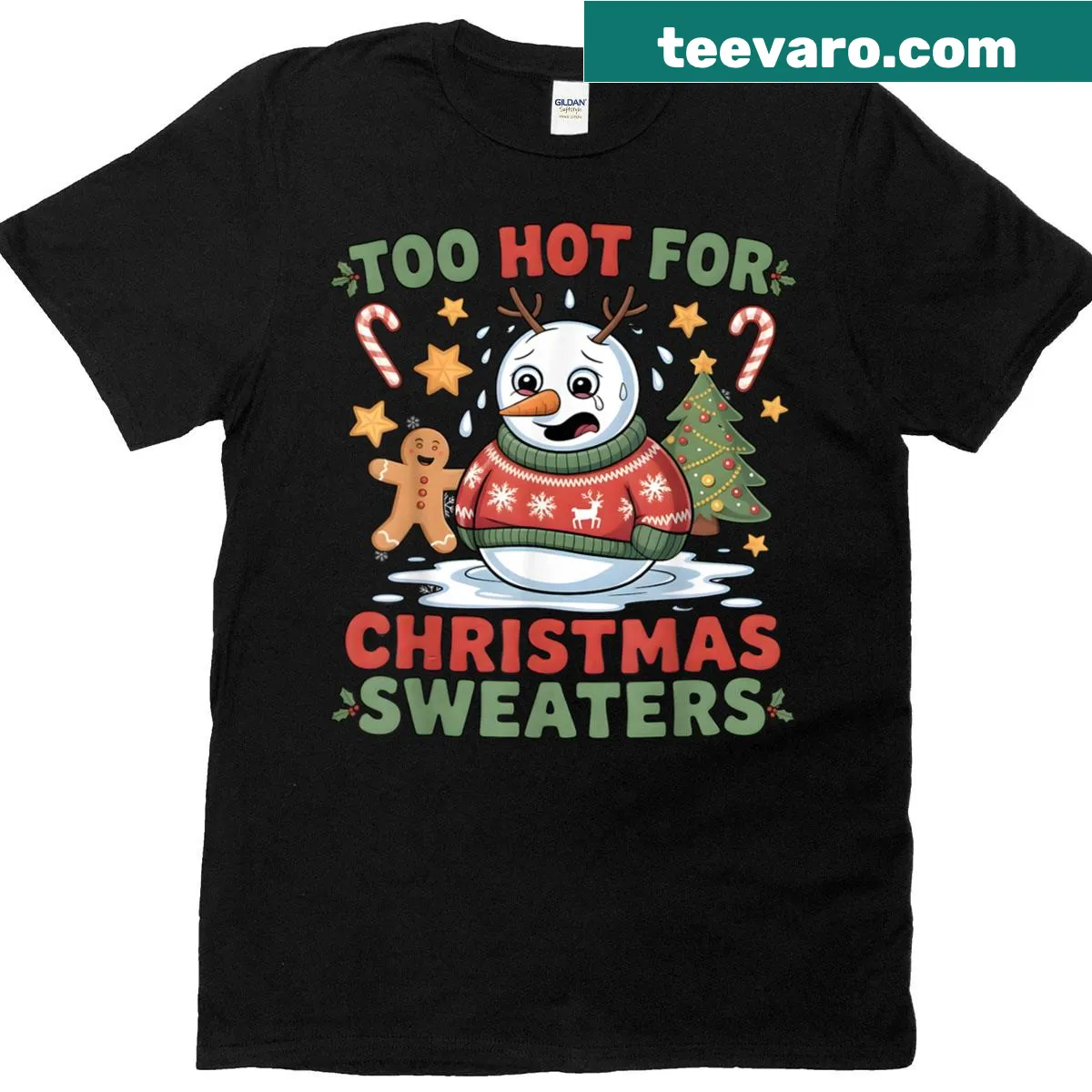 Funny melted snowman graphic on a holiday T-shirt — on a men's t-shirt