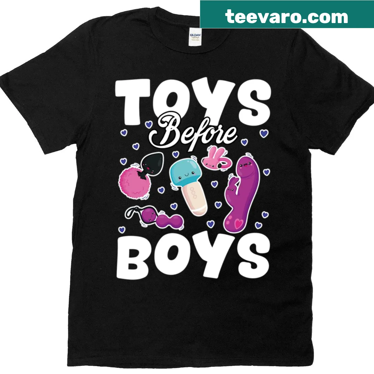 Funny women's t-shirt with playful text about toys and boys — on a men's t-shirt
