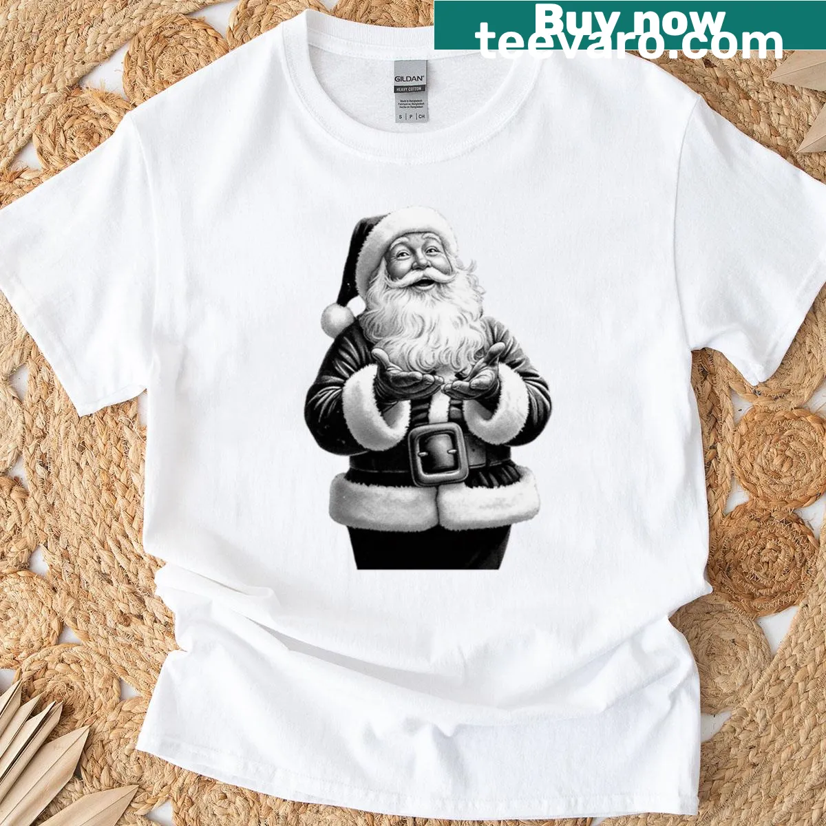 Classic black and white Santa Claus illustration on a t-shirt — on a men's t-shirt