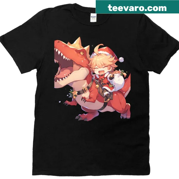 Cartoon T-shirt with Aether riding a dinosaur in a festive theme.